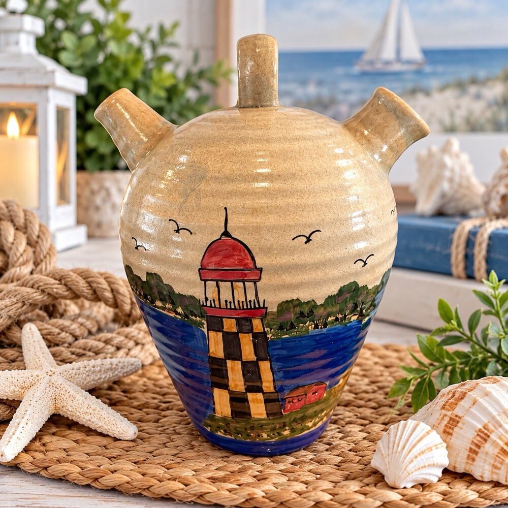 WCL Lighthouse Pottery Pitcher Double Spout Hand Painted Nautical Art Jug